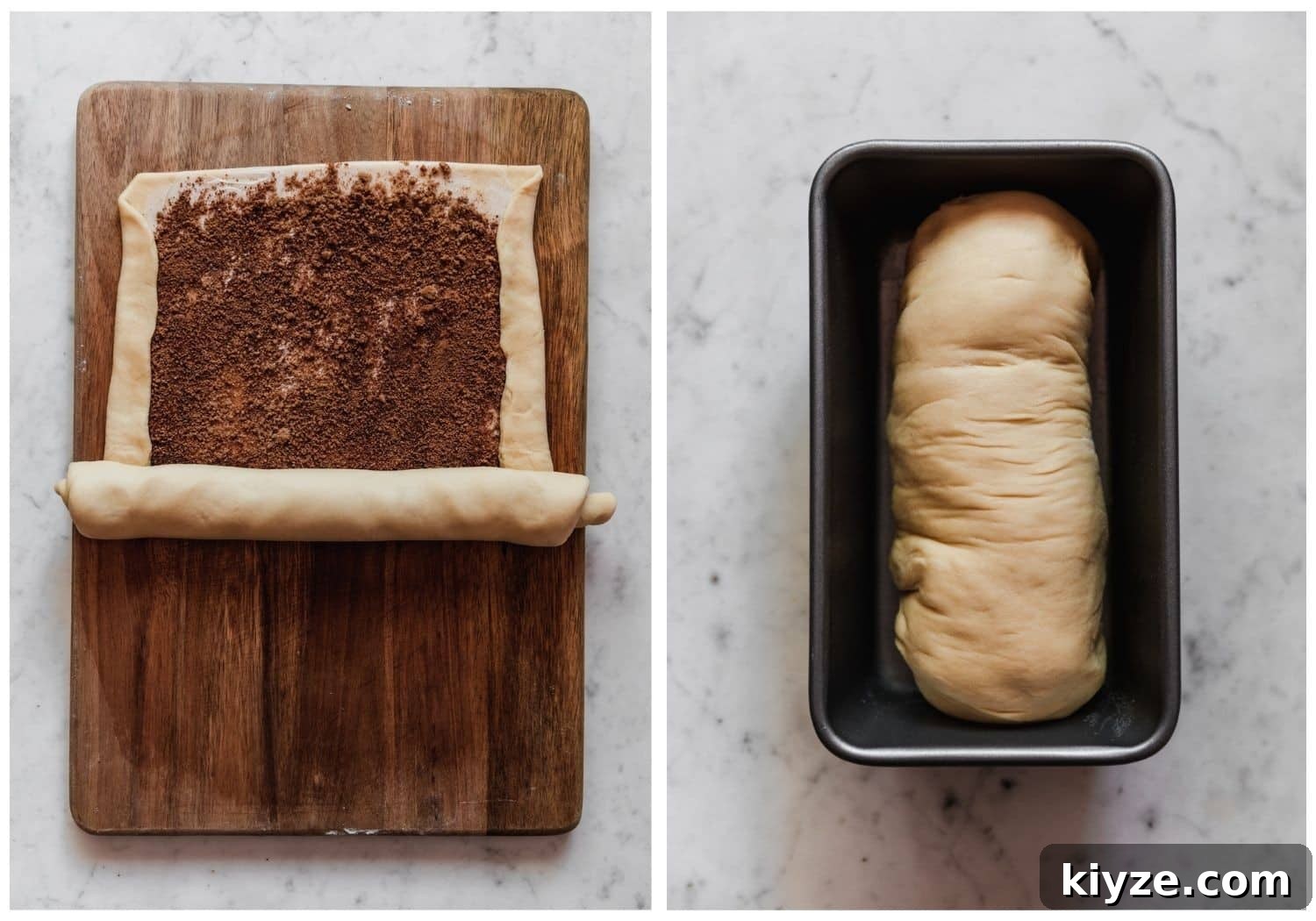 Cinnamon Swirl Bread with Crumbly Streusel Topping 8 Two overhead images. On the left, a wood cutting board with a large rectangle of dough sprinkled with cinnamon sugar being rolled up. On the right, a metal baking pan with a loaf of dough in it.