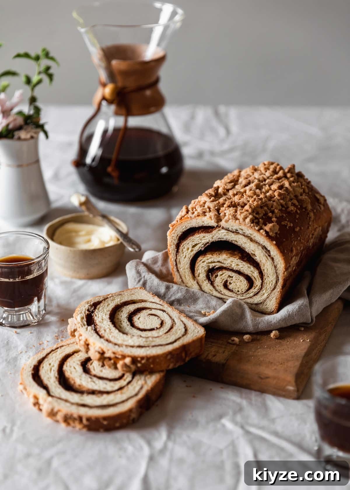 Cinnamon Swirl Bread with Crumbly Streusel Topping 9 A wood board tilted to the side and topped with a beige linen and loaf of cinnamon swirl bread next to a cream colored bowl of butter, cups of coffee, pink flowers, and a Chemex on a white linen.