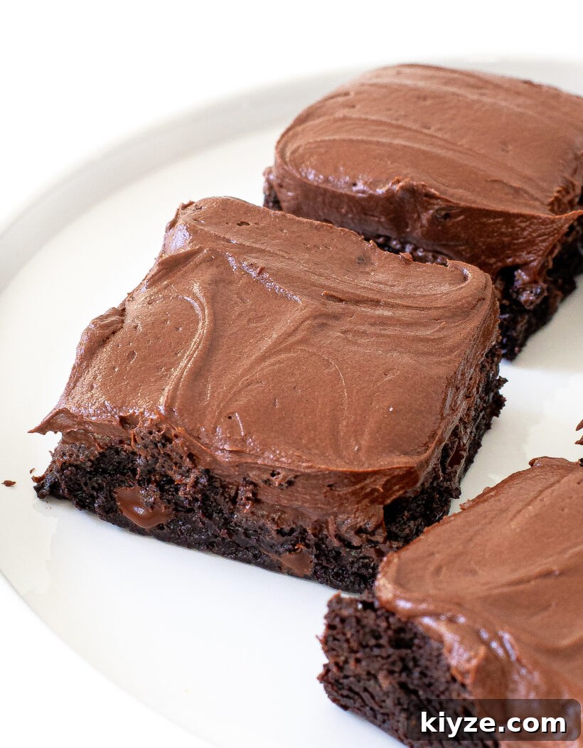 Decadent Chocolate Frosted Brownies Recipe 4 up close shot of chocolate brownies with chocolate buttercream frosting on top
