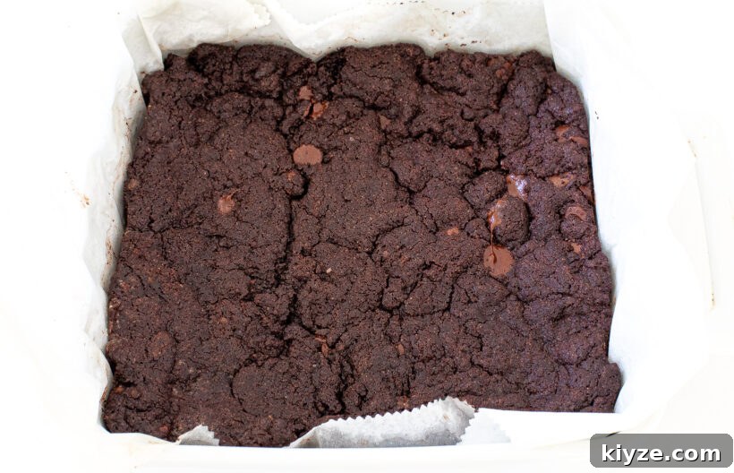 Decadent Chocolate Frosted Brownies Recipe 9 baked brownies in white casserole dish
