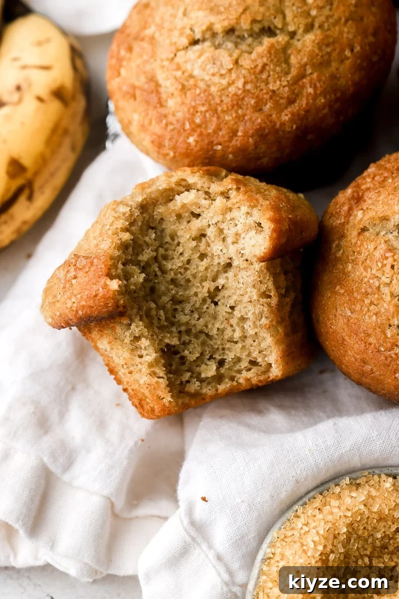 Moist Banana Bread Muffins with Chocolate Chips 12 banana bread muffins on a towel with a bite taken out