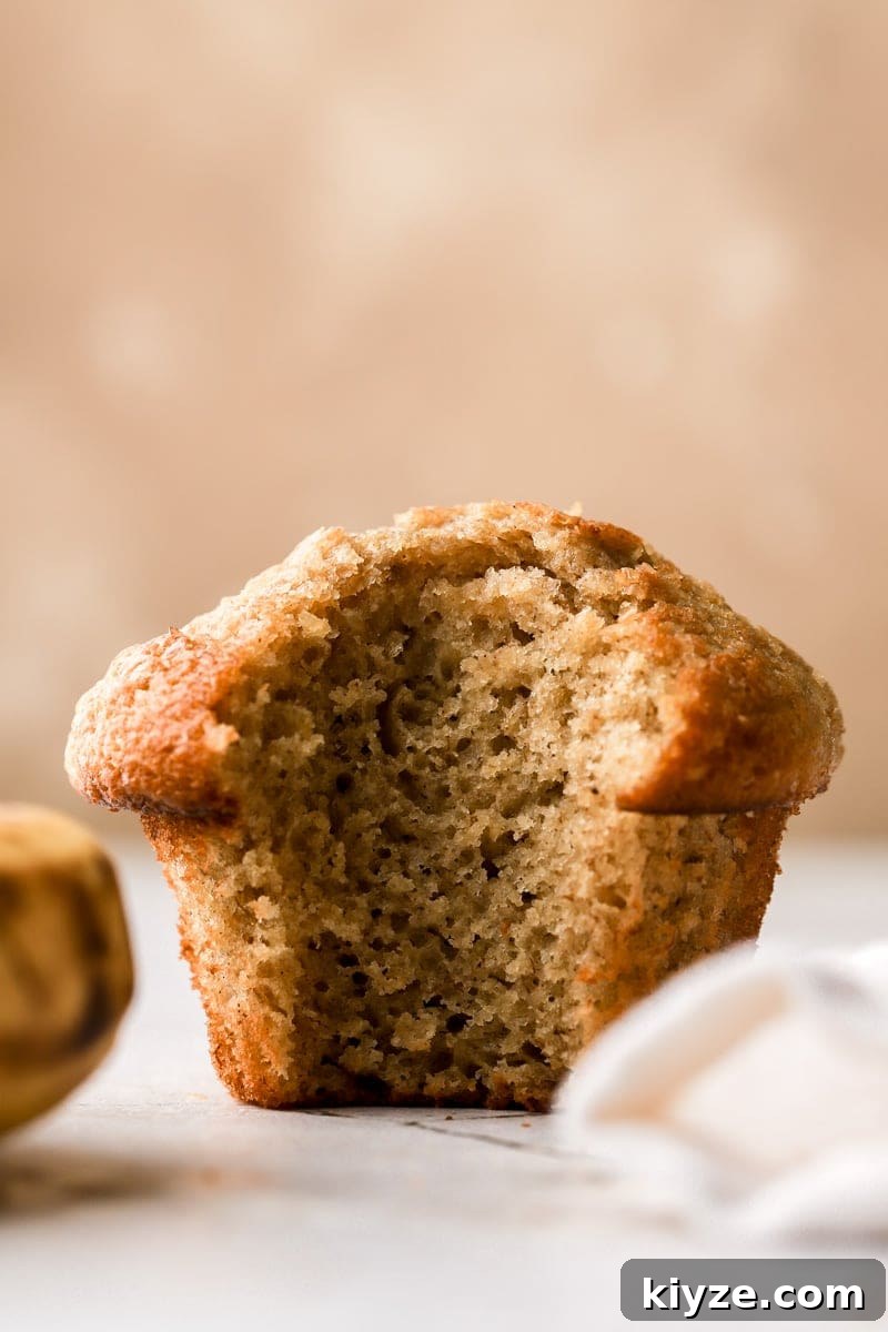 Moist Banana Bread Muffins with Chocolate Chips 3 close up of banana muffin with bite taken out