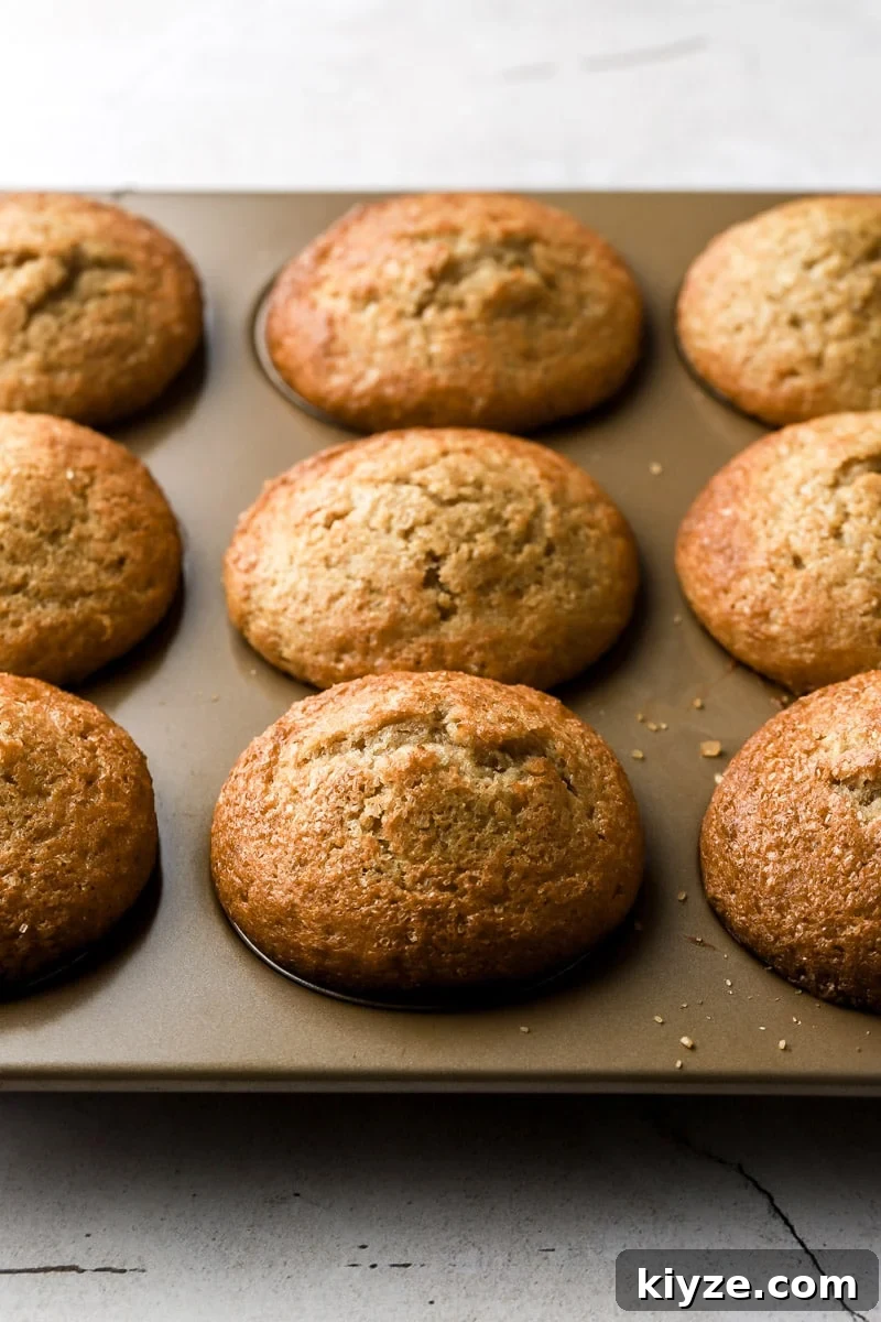 Moist Banana Bread Muffins with Chocolate Chips 8 muffins finished baking in the muffin tin