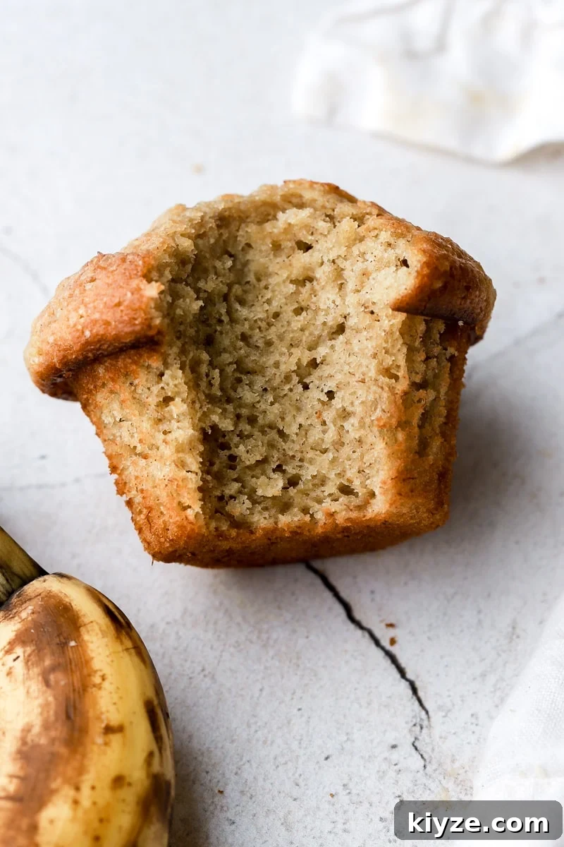 Moist Banana Bread Muffins with Chocolate Chips 10 bite taken out of a banana muffin