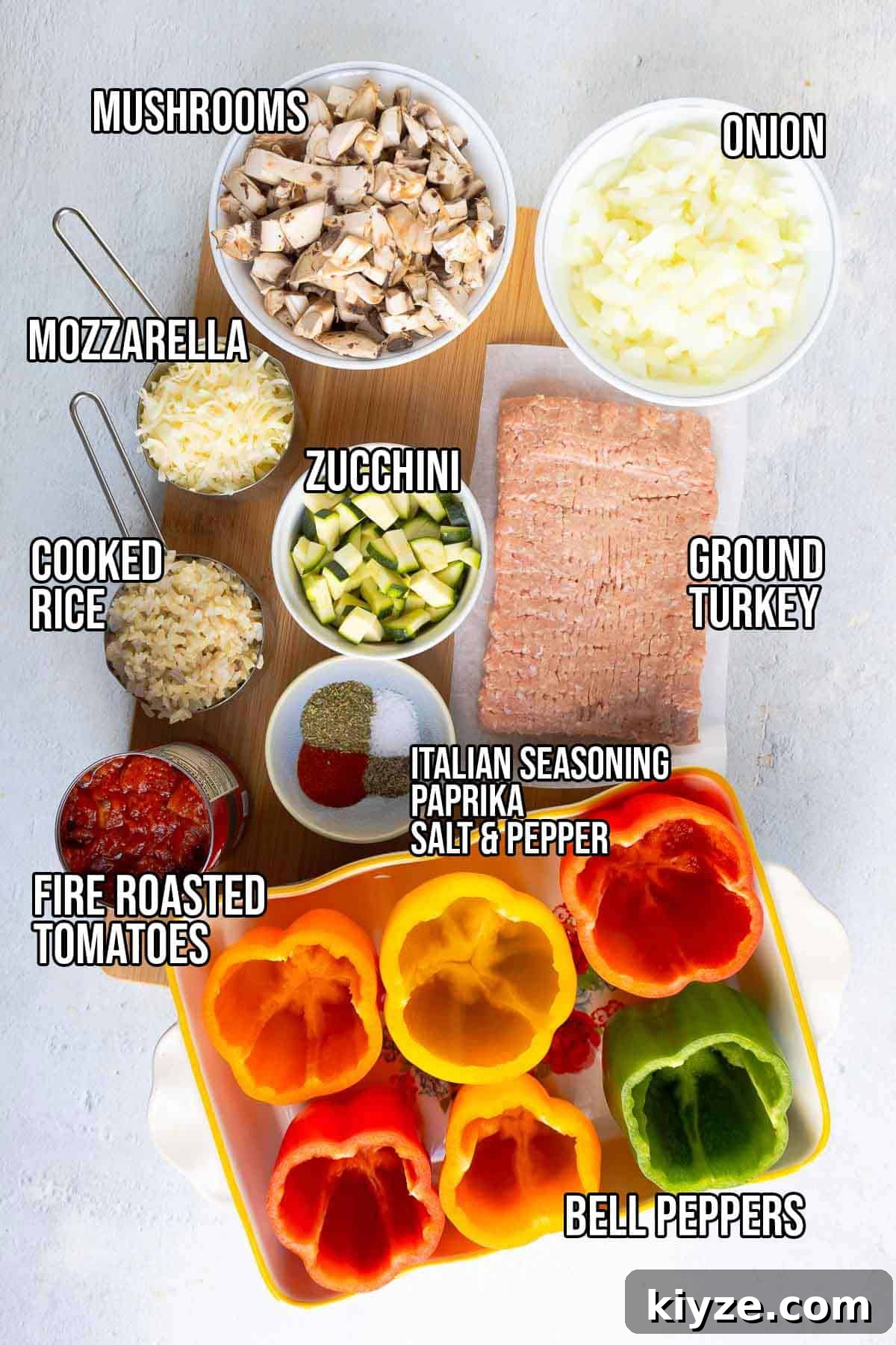 Ground Turkey and Rice Stuffed Bell Peppers Recipe 3 Turkey stuffed bell pepper ingredients: ground turkey, bell peppers, diced onion, diced mushrooms, diced zucchini, fire roasted tomatoes, cooked rice, paprika, Italian seasoning, salt, pepper, and shredded mozzarella.