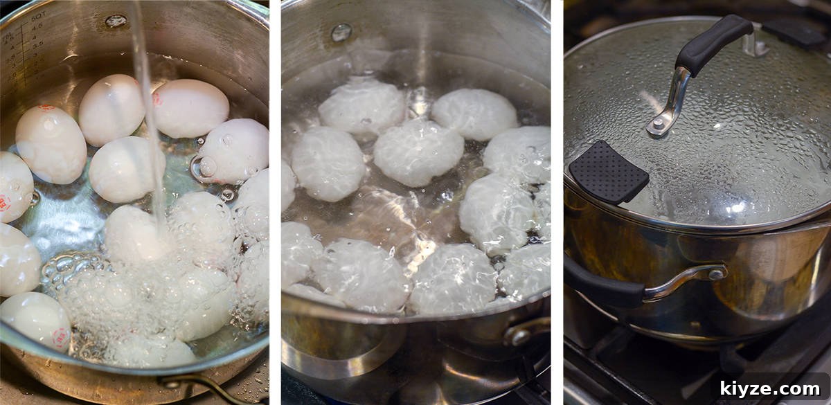 How to Make Hard-Boiled Eggs That Peel Perfectly 4 Eggs in a pot of boiling water are covered with a lid.