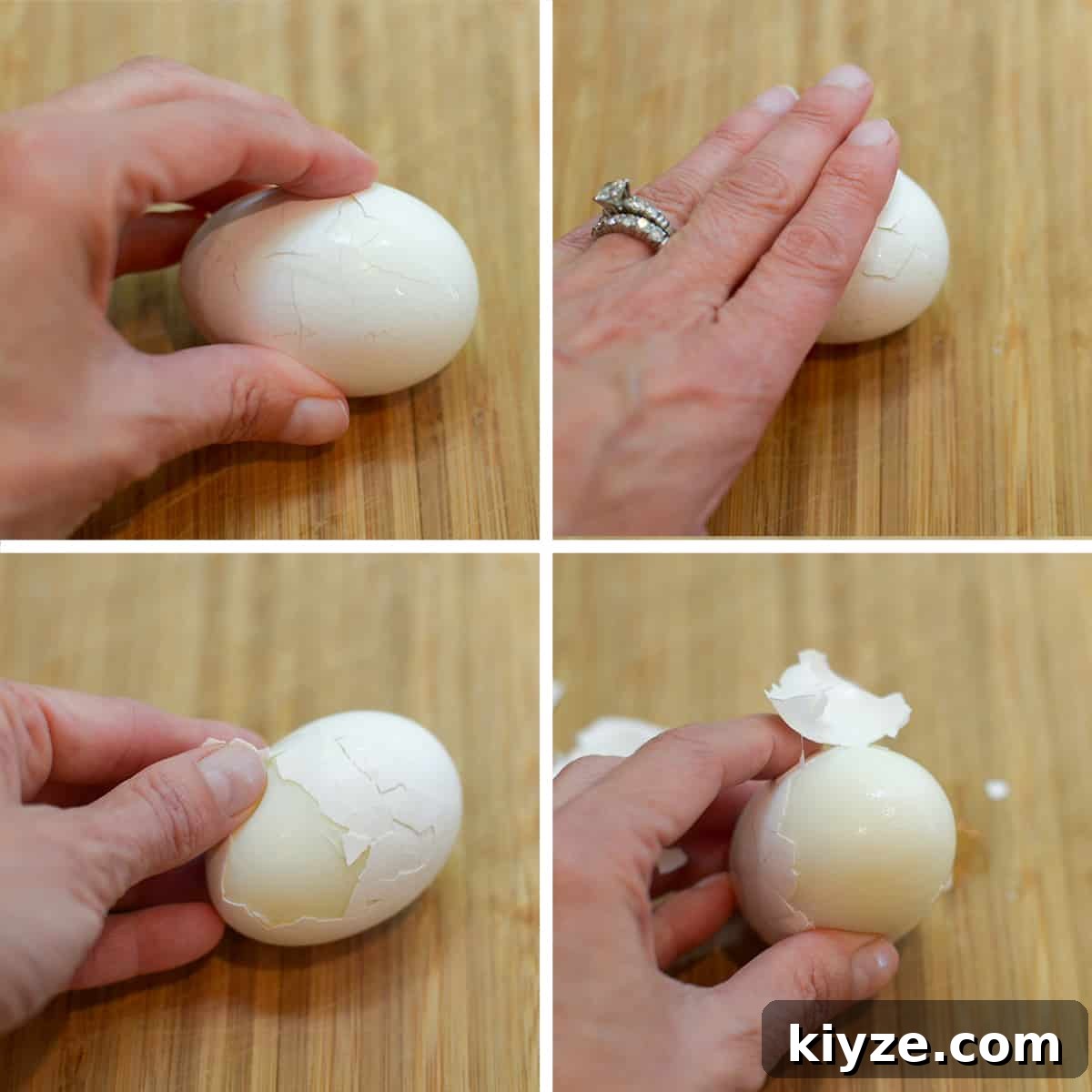 How to Make Hard-Boiled Eggs That Peel Perfectly 6 An egg is cracked on a cutting board and peeled.