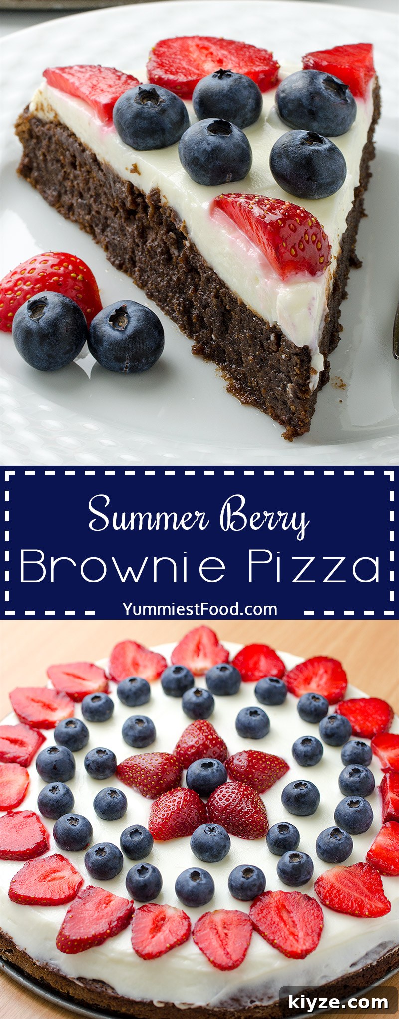 Summer Berry Brownie Pizza - sweet dessert pizza with delicious brownie crust topped with cream cheese frosting and loaded with lots of berries