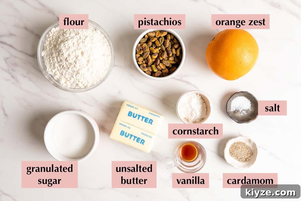 Ingredients for pistachio shortbread cookies.