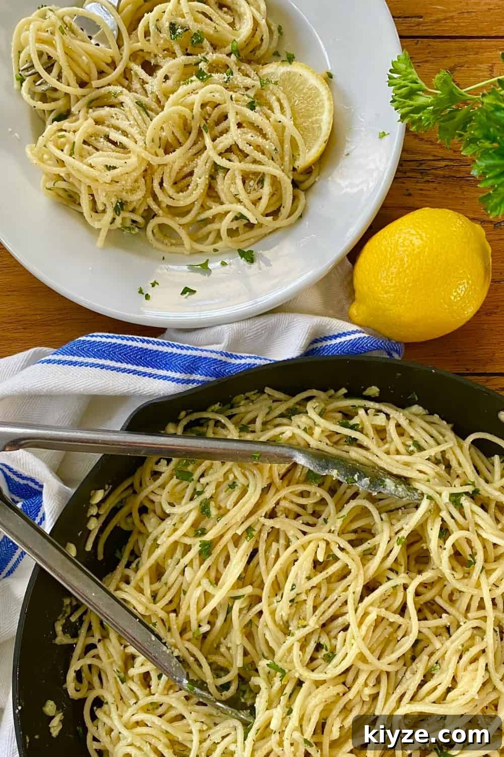 Parmesan Garlic Butter Noodles Recipe 3 a saute pan and a serving of buttered noodles with Parmesan