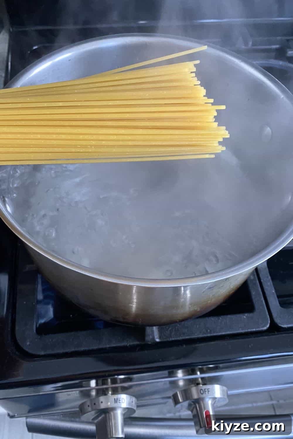 Parmesan Garlic Butter Noodles Recipe 5 adding fettuccine to boiling water in a pot