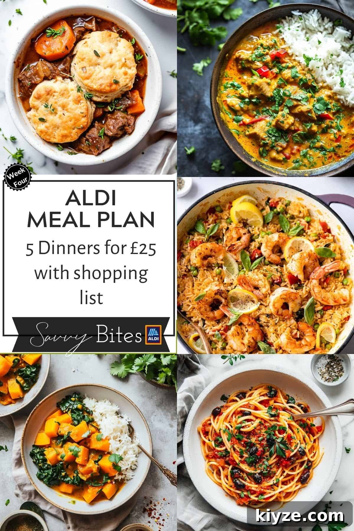 Aldi Weekly Meal Plan for £25 – Week 4 Shopping & Recipes 2 Photo collage for Aldi £25 meal plan week 4.