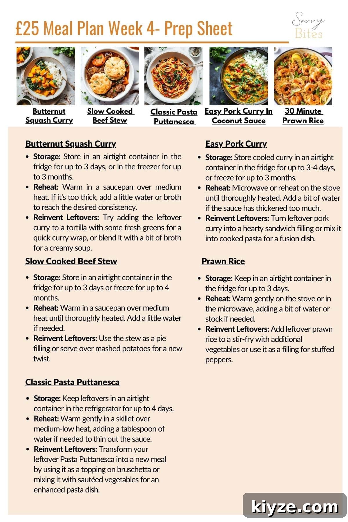 Aldi Weekly Meal Plan for £25 – Week 4 Shopping & Recipes 3 Aldi £25 meal plan tip sheet for leftovers.