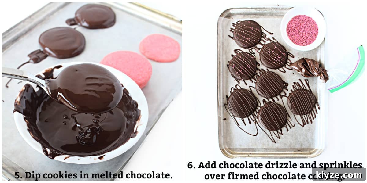 Raspberry Rally Cookies Recipe — Soft Homemade Jam-Filled Cookies 5 Decorating instructions: dip cookies in melted chocolate, add chocolate zigzags and sprinkles when coating is firm.