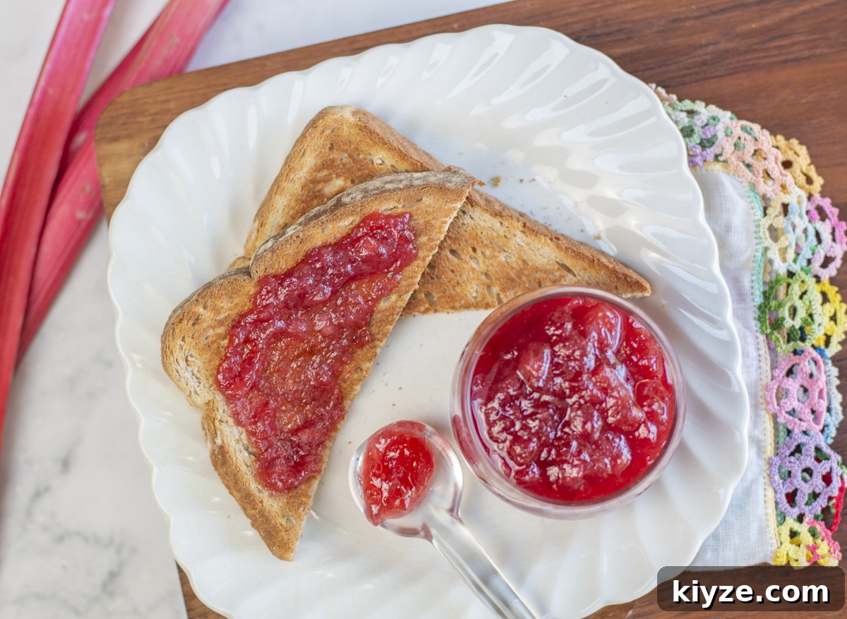 13 Rhubarb Recipes + New Gluten-Free Rhubarb Scones with Glaze 7 Rhubarb Vanilla Jam with Toast on vintage plate