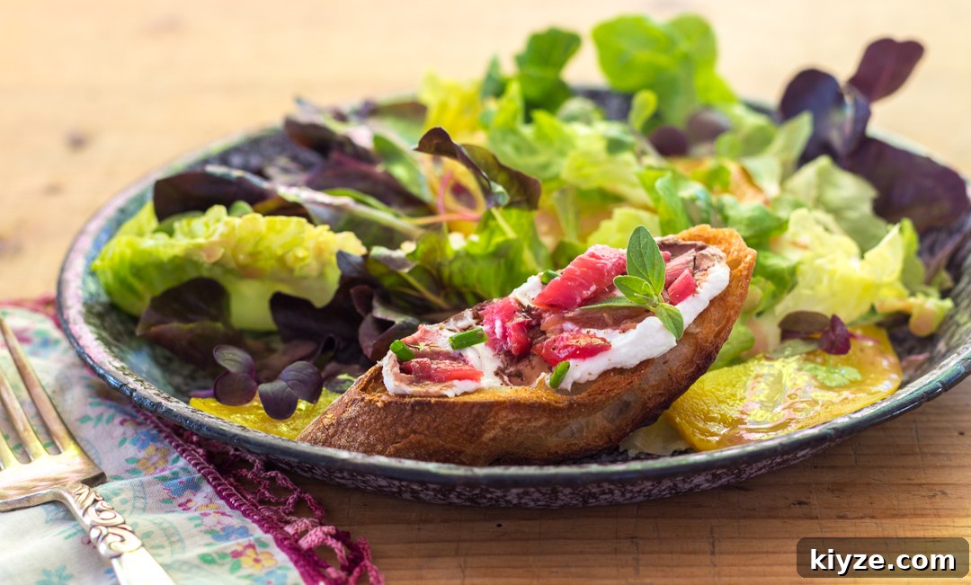 13 Rhubarb Recipes + New Gluten-Free Rhubarb Scones with Glaze 9 Rhubarb and Goat Cheese Bruschetta over a salad with Rhubarb & Shallot Vinaigrette