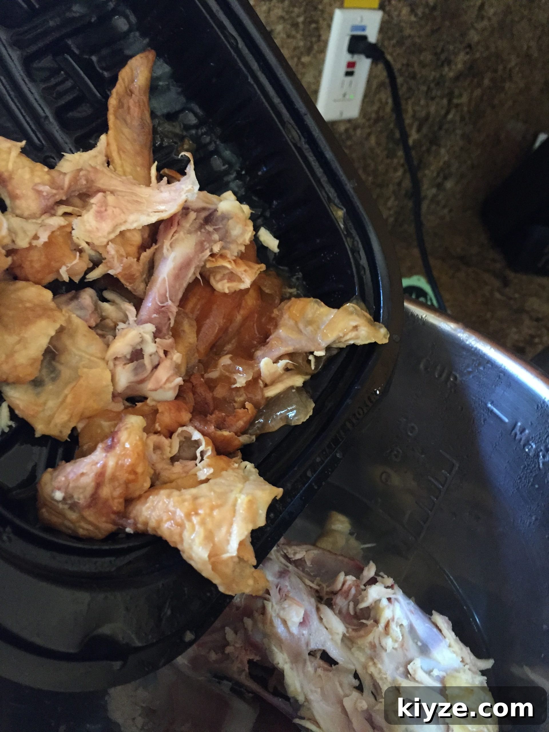 Add rotisserie chicken with skin, bones and gelatinous juice to pressure cooker