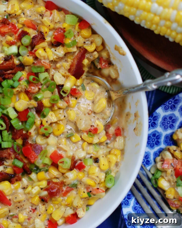 Louisiana creamed corn maque choux recipe with fresh corn and bell peppers.