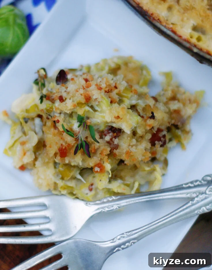 A title photo of a serving of au gratin brussel sprouts for Thanksgiving dinner.