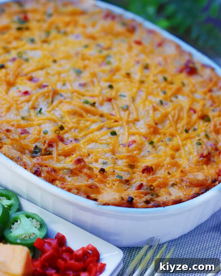 cheesy hash brown casserole made with pimento cheese