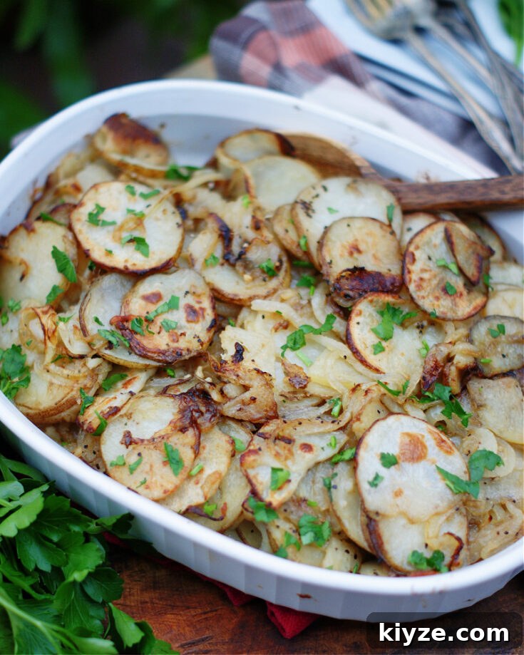 Lyonnaise potatoes in a serving dish for the holidays