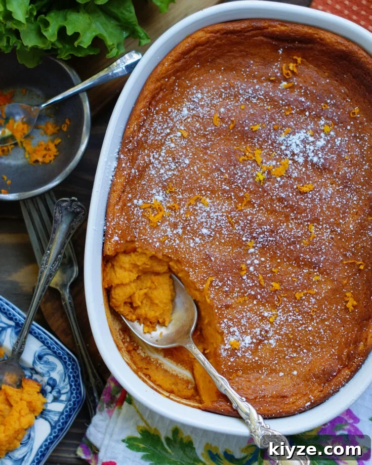 With the same great taste as the Picadilly recipe, a carrot souffle in a 2 quart casserole dish topped with powdered sugar and orange zest