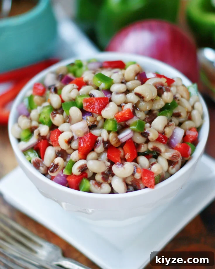 Southern black eyed pea salad made with bell peppers, onion and marinated in Italian dressing