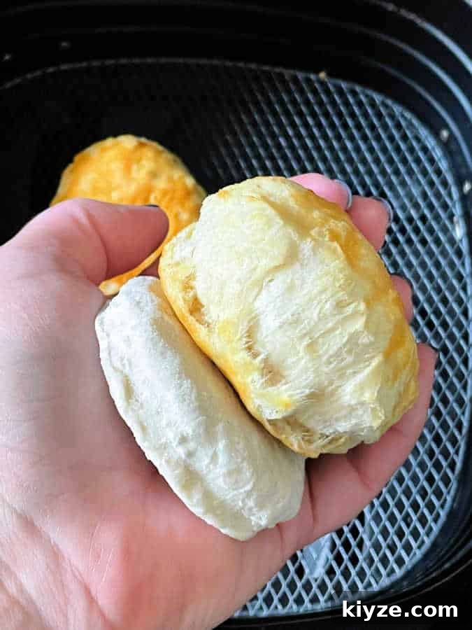 Air Fryer Guide: Crispy Frozen Grands Biscuits in Minutes 3 showing a frozen biscuit side by side with one cooked in the air fryer