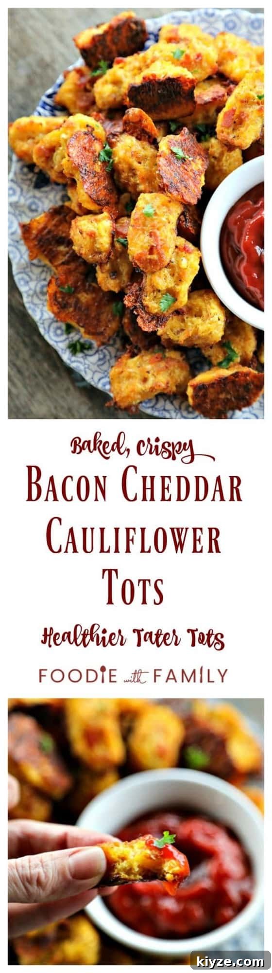 Bacon Cheddar Cauliflower Tots — Low-Carb Tater Tot Recipe 6 Baked, crispy, Bacon Cheddar Cauliflower Tots {Healthier Tater Tots} are the ultimate in crispy, cheesy perfection. You'd never know they're lower carb than tater tots and honestly, you'd be hard pressed to know they're NOT tater tots.