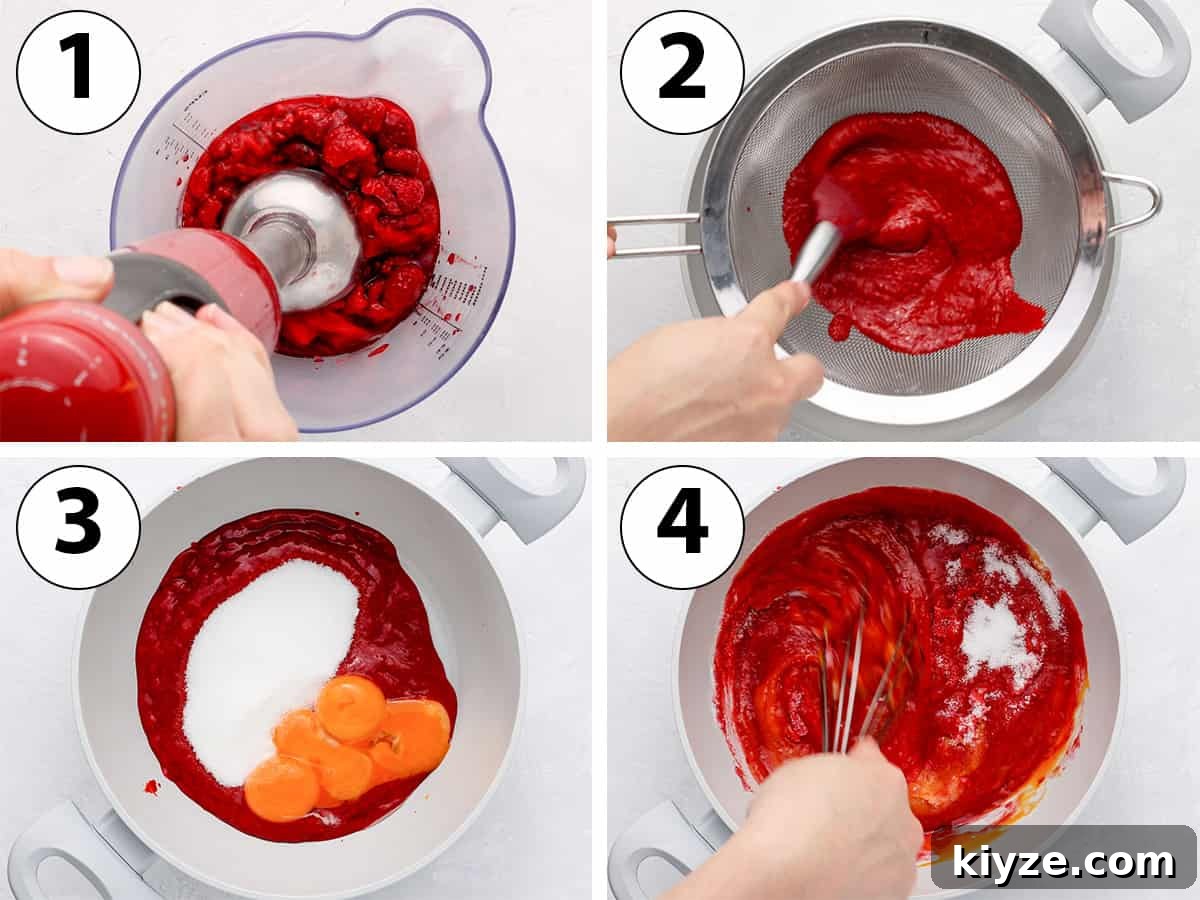 Process Shot Collage: blending the raspberries and mixing in the egg yolks and sugar.