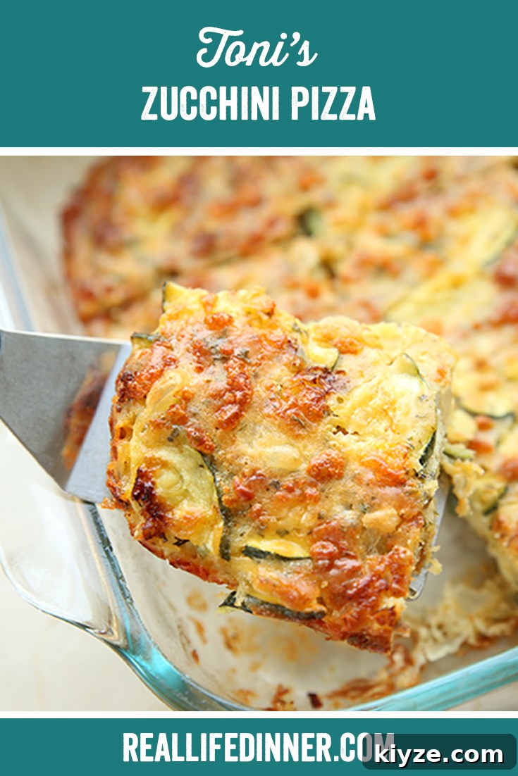 Toni’s Zucchini Pizza Recipe: Crispy Low-Carb Zucchini Pie 6 Pinterest photo with the text of the title of the recipe at the top.