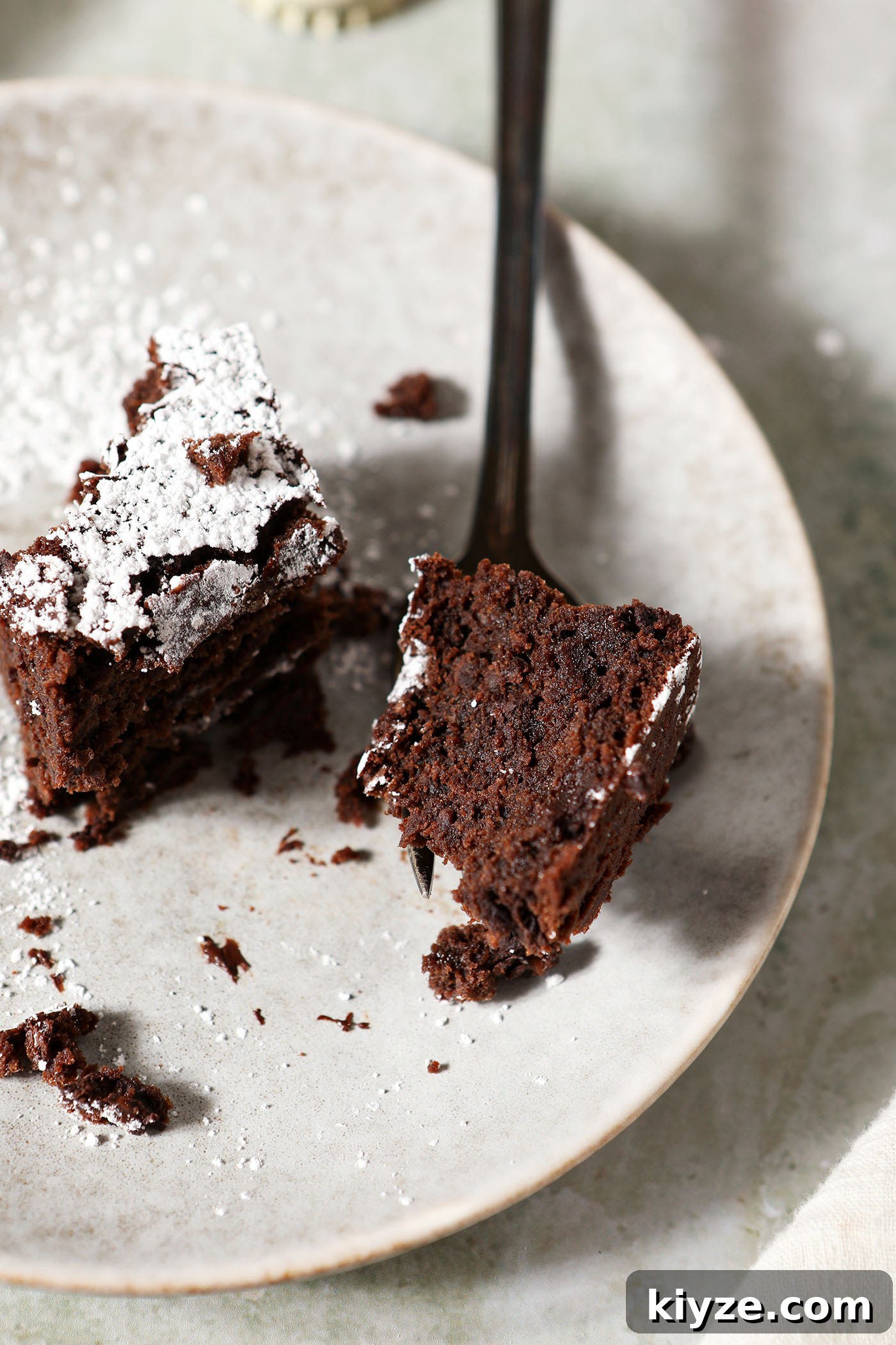 Decadent Guinness Chocolate Brownies: Rich Stout-Infused Recipe 7 Close up of a fork holding a bite of a Guinness brownie on a grey plate on a light green surface