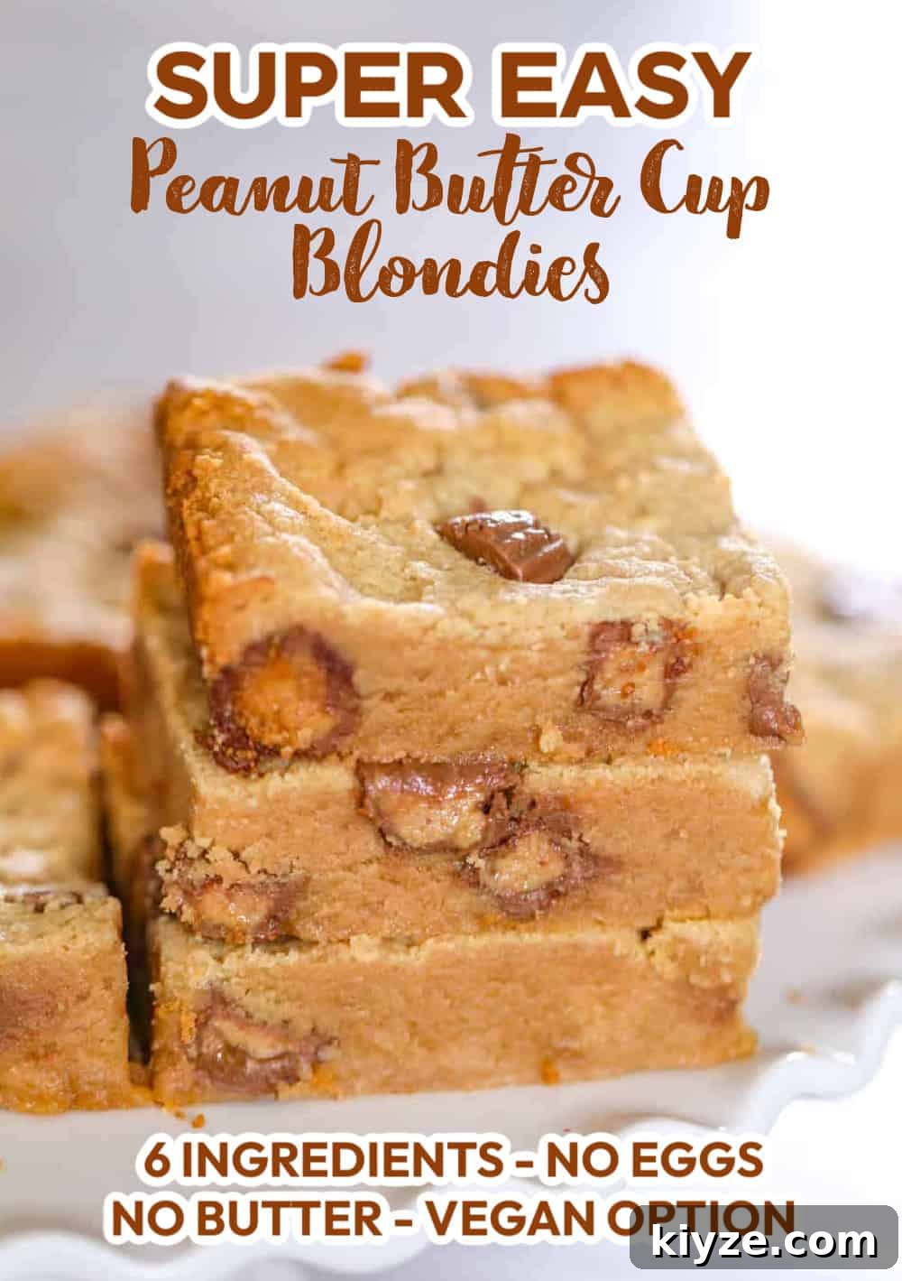 Peanut Butter Cup Blondies Recipe — Gooey Chocolate & Peanut Butter 8 Peanut Butter Cup Blondies recipe with no eggs, no butter - vegan option