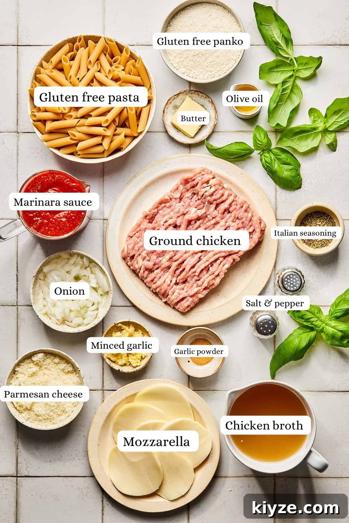 One-Pot Gluten-Free Chicken Parmesan Pasta Recipe 3 ingredients for chicken parmesan pasta in nesting bowls