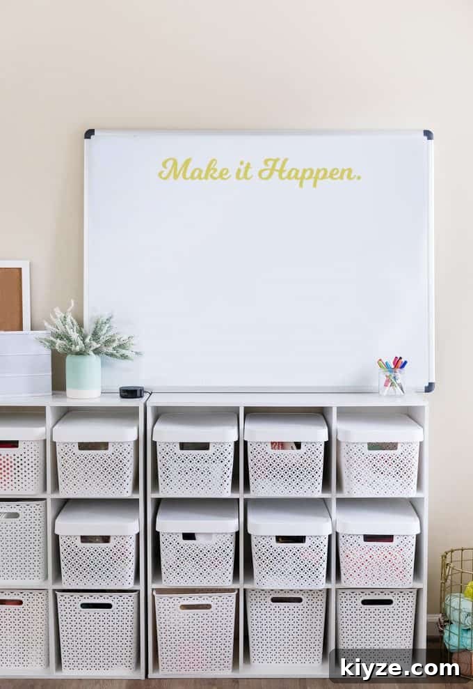 Craft Room Makeover Ideas: Transform Your Creative Space Quickly 11 White Board with white woven plastic storage bins