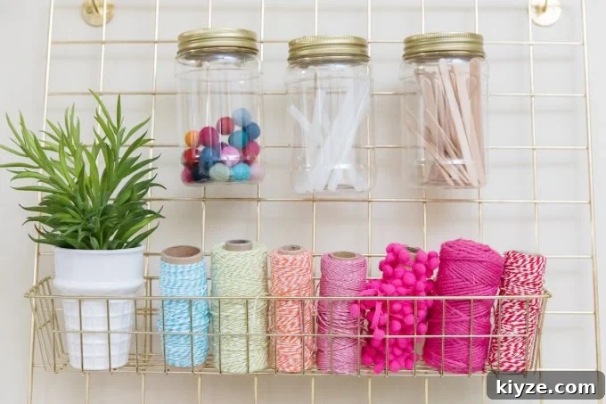 Craft Room Makeover Ideas: Transform Your Creative Space Quickly 9 Wire wall hanger for ribbon, twine, and jars