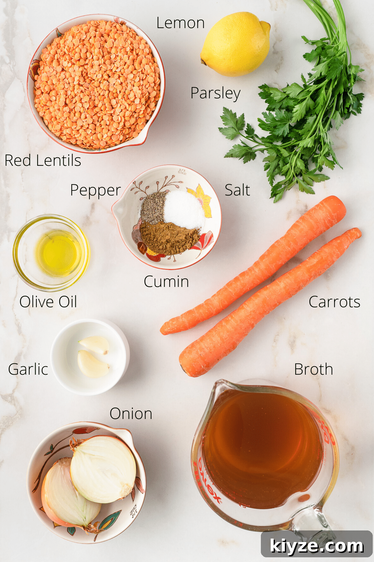 Traditional Lebanese Red Lentil Soup Recipe 3 Image of ingredients needed to make a red lentil soup.