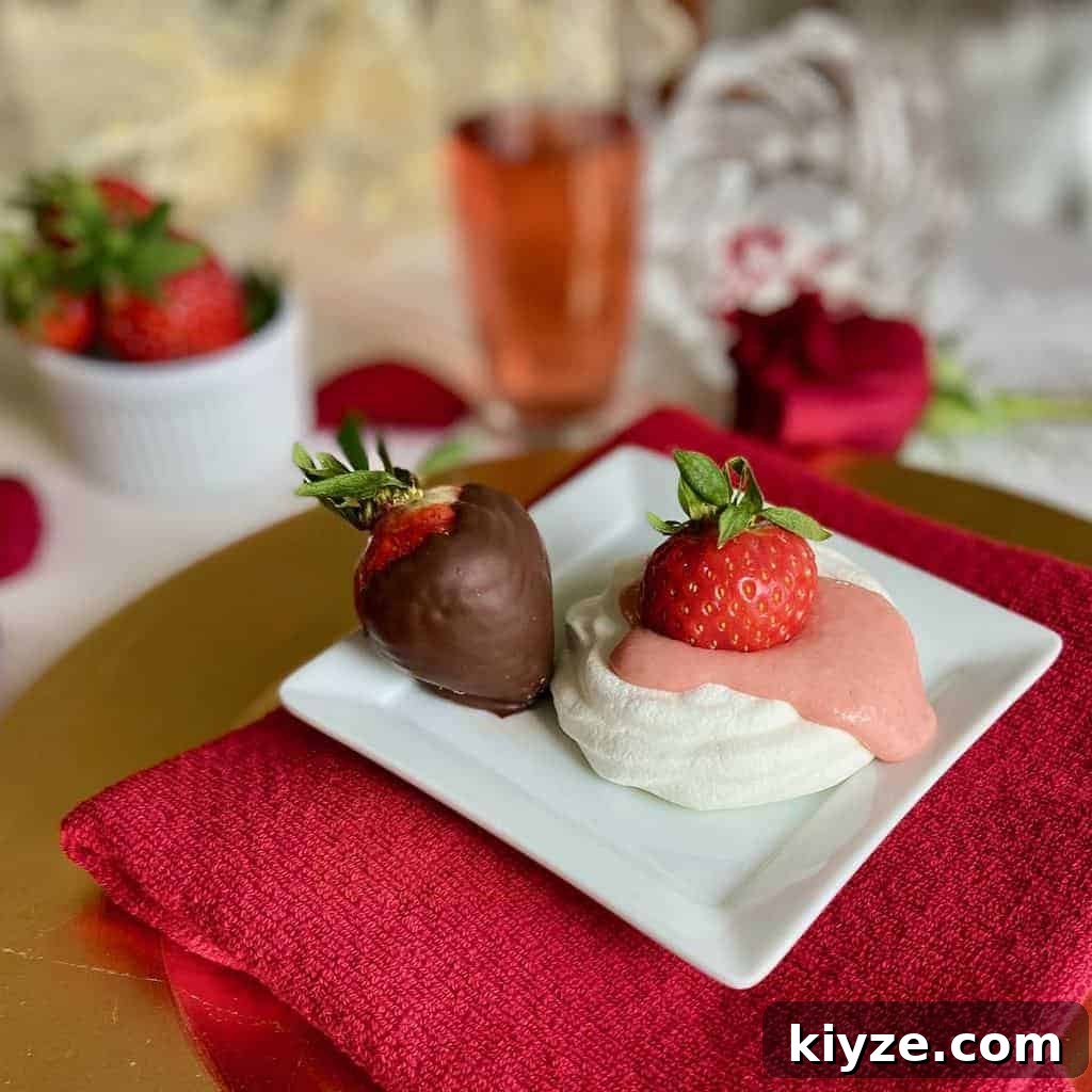 Strawberry Curd Pavlova with Whipped Cream and Fresh Berries 4 Mini Pavlova with Strawberry Curd and chocolate covered strawberries on plate.