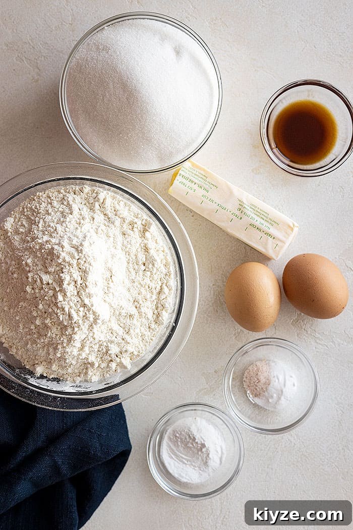 Ingredients to make coffee cake: flour, sugar, eggs, butter, vanilla.