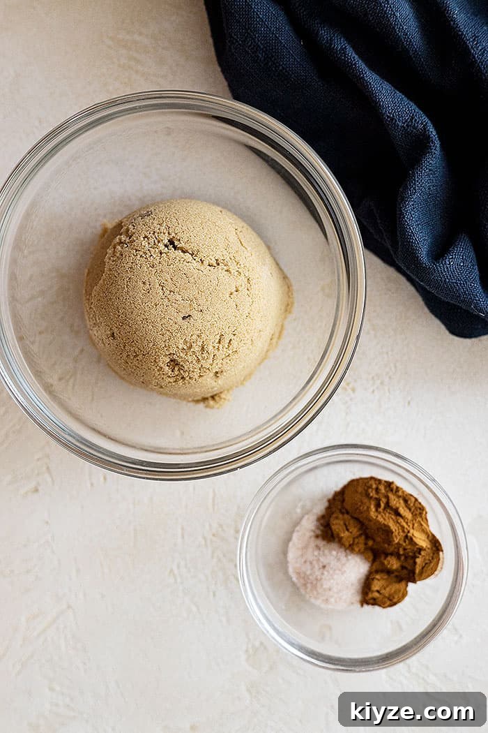 Ingredients for coffee cake filling: brown sugar, cinnamon, and salt.