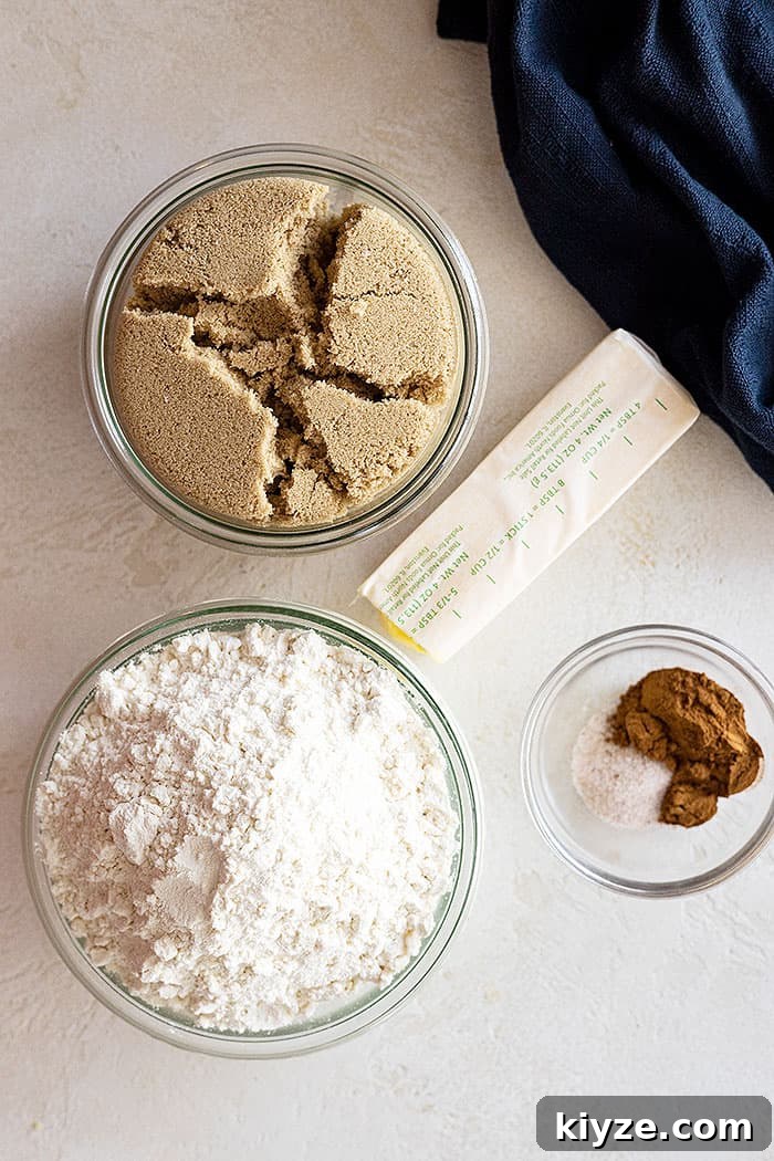 Ingredients for crumb topping: flour, brown sugar, butter, cinnamon, and salt.