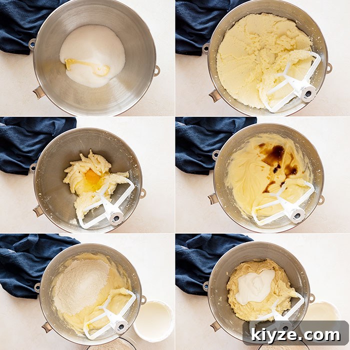 Six pictures showing how to make coffee cake. Starting with the creaming of the butter and sugar to adding in the flour and sour cream.