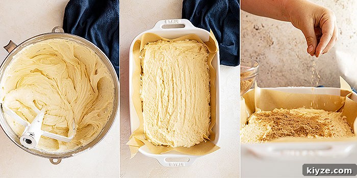 Three pictures showing spreading the cake batter into the pan and adding in the middle layer.