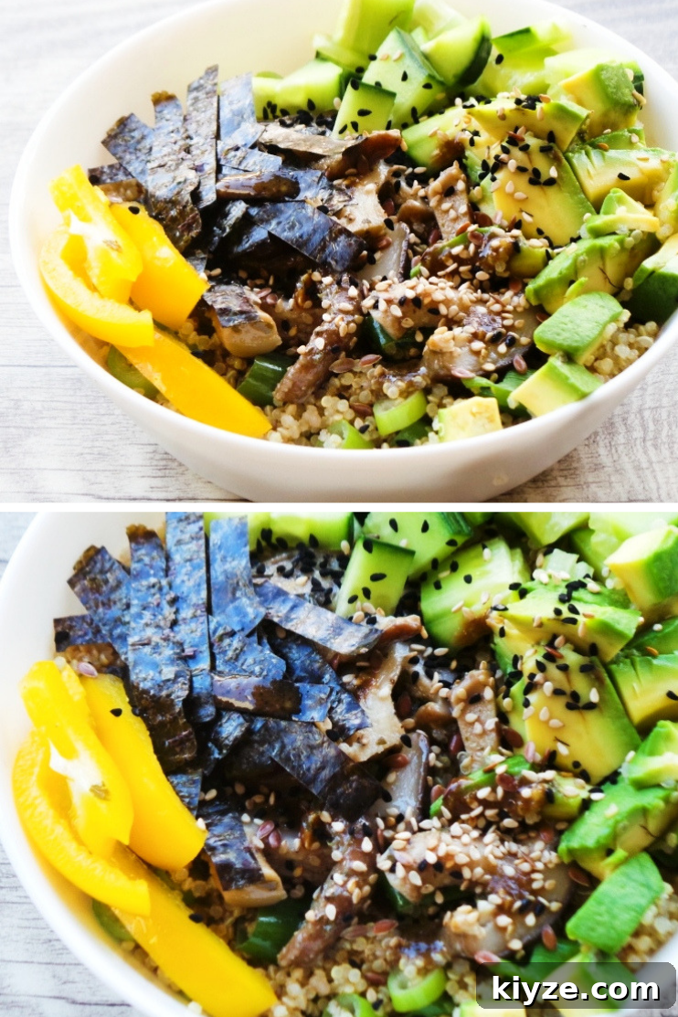 Vegan Quinoa Sushi Bowl Recipe with Avocado & Pickled Ginger 2 Vegan quinoa sushi bowl. This is an easy healthy vegan lunch that tastes like sushi! This healthy bowl is gluten-free, light and super tasty. And very quick to make! #lunch #quinoa