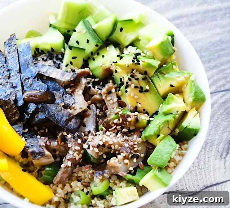 Vegan Quinoa Sushi Bowl Recipe with Avocado & Pickled Ginger 3 Vegan quinoa sushi bowl. This is an easy healthy vegan quinoa recipe that tastes like sushi -great for lunch! This healthy bowl is gluten-free, light and super tasty. And very quick to make! #lunch #quinoa