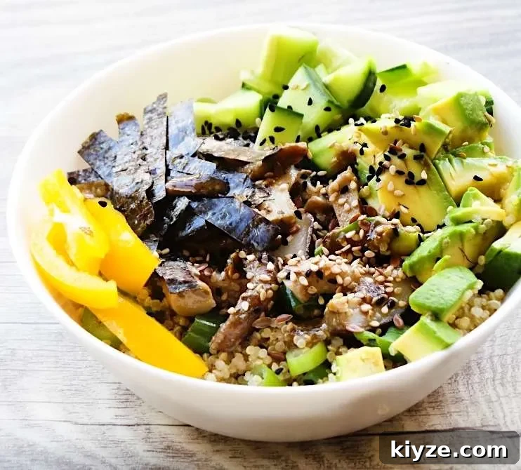 Vegan Quinoa Sushi Bowl Recipe with Avocado & Pickled Ginger 4 Vegan quinoa sushi bowl. This is an easy healthy vegan quinoa recipe that tastes like sushi -great for lunch! This healthy bowl is gluten-free, light and super tasty. And very quick to make! #lunch #quinoa