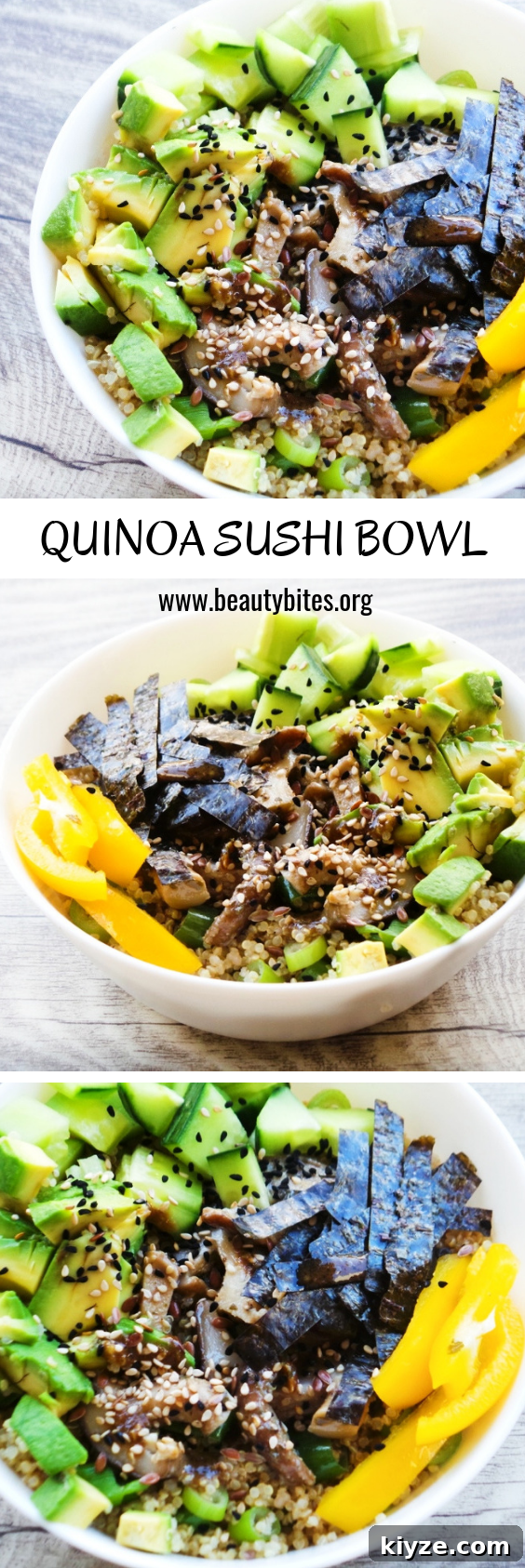 Vegan Quinoa Sushi Bowl Recipe with Avocado & Pickled Ginger 5 Vegan quinoa sushi bowl. This is an easy healthy vegan quinoa recipe that tastes like sushi -great for lunch! This healthy bowl is gluten-free, light and super tasty. And very quick to make! #lunch #quinoa