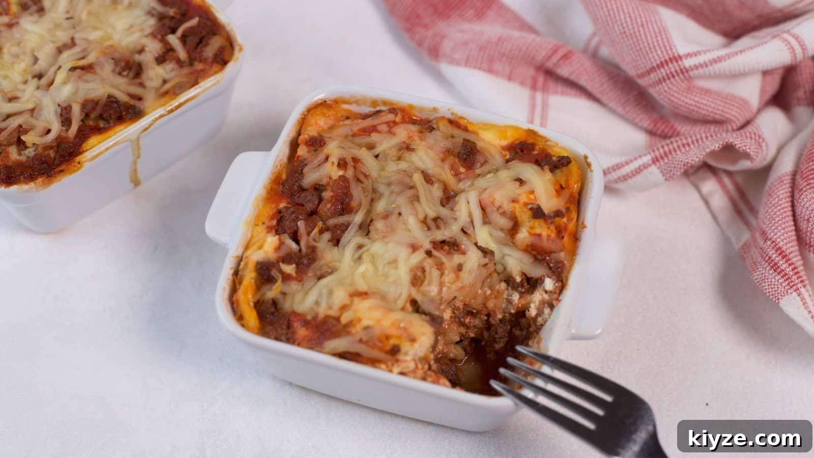 Lasagna for One in small 10-ounce square baking pan.