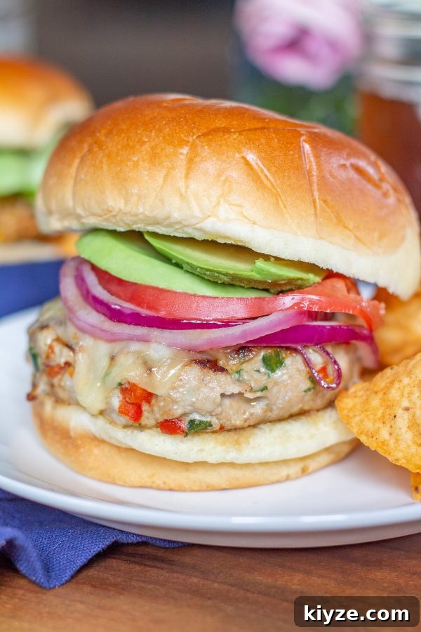 Southwest Turkey Burger Recipe with Spicy Avocado Slaw 3 These Southwest Turkey Burgers are loaded with chopped bell pepper, poblano pepper, onion, garlic, and spices so that they are bursting with flavor. These Southwest Turkey Burgers are an easy to make healthy alternative to a beef burger.