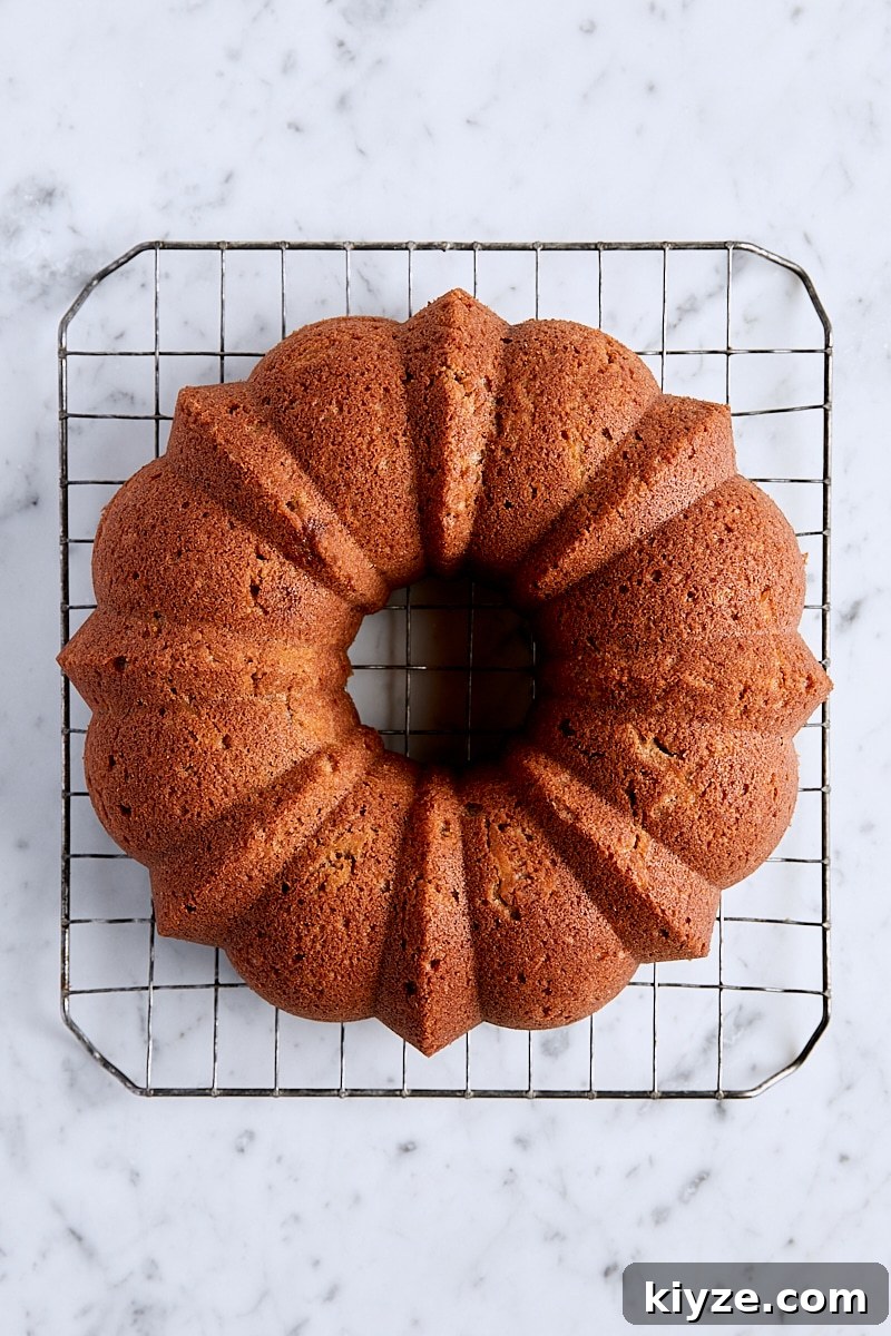 Spiced Bundt Cake with Gooey Butterscotch Topping 13 Baked spice bundt cake on wire cooling rack